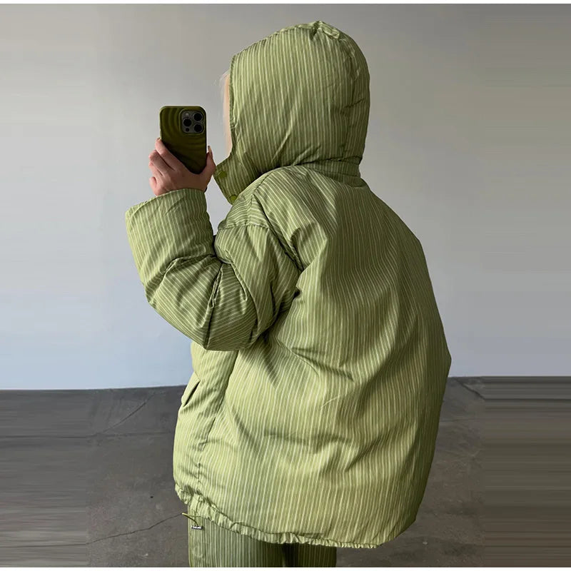 Women’s Chic Striped Hooded Puffer Co-ord Set