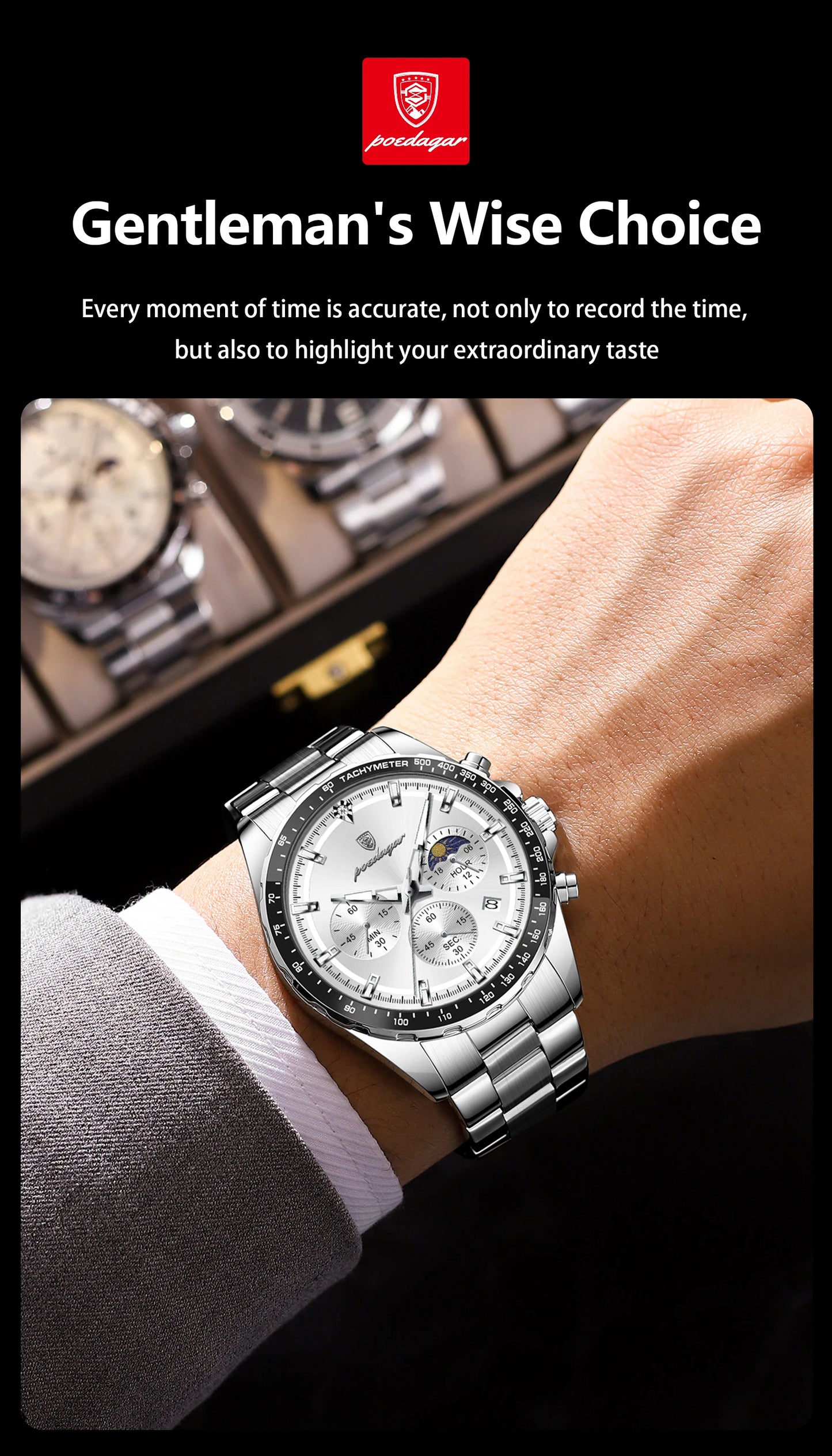Men’s POEDAGAR Waterproof Stainless Steel Watch