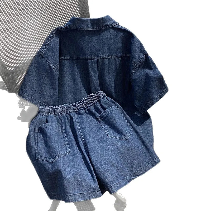 Women’s Denim-Effect Shirt & Shorts Set