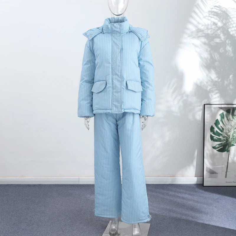 Women’s Chic Striped Hooded Puffer Co-ord Set