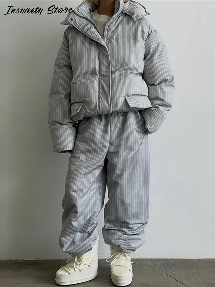 Women’s Chic Striped Hooded Puffer Co-ord Set