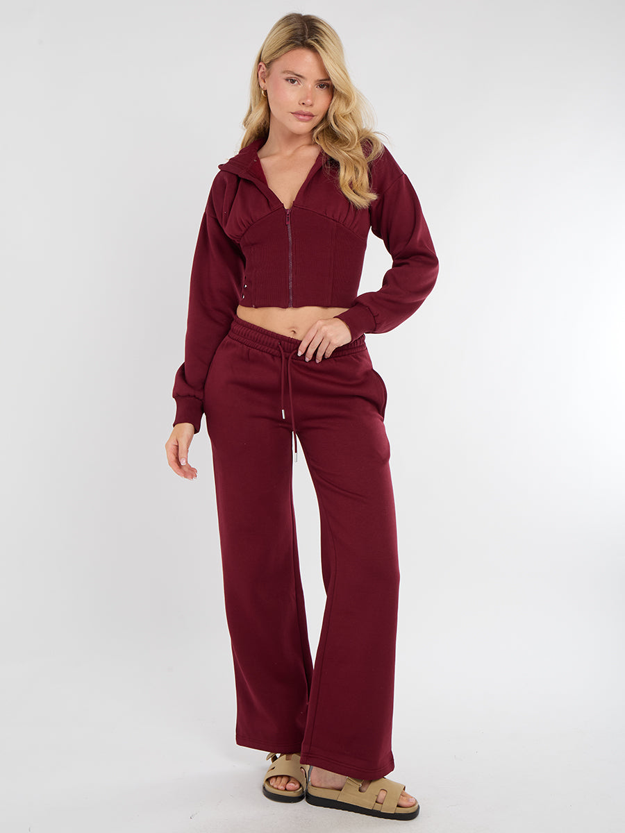 Cropped Zip Up Hood Sweatshirt & Wide Leg Trouser Tracksuit