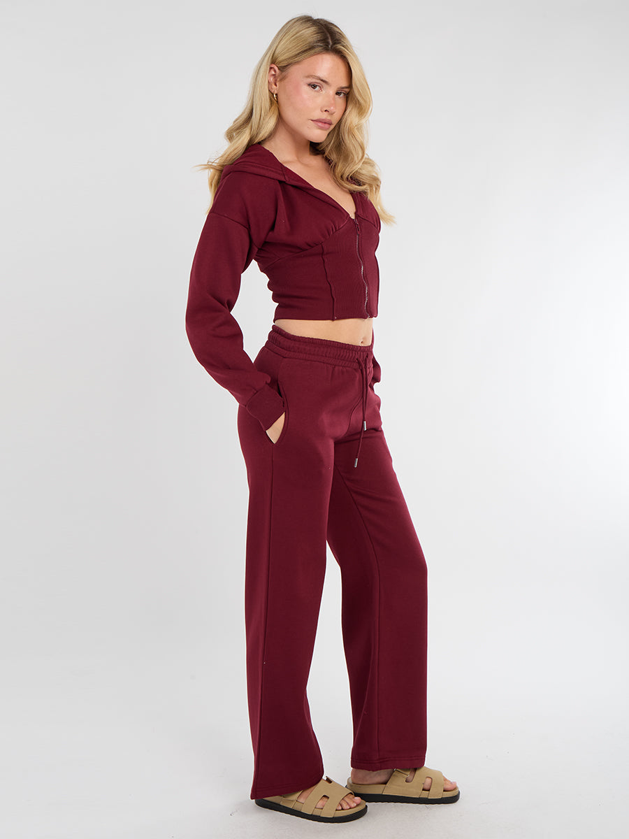 Cropped Zip Up Hood Sweatshirt & Wide Leg Trouser Tracksuit