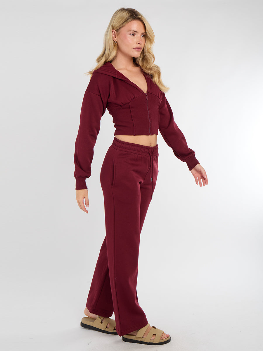 Cropped Zip Up Hood Sweatshirt & Wide Leg Trouser Tracksuit