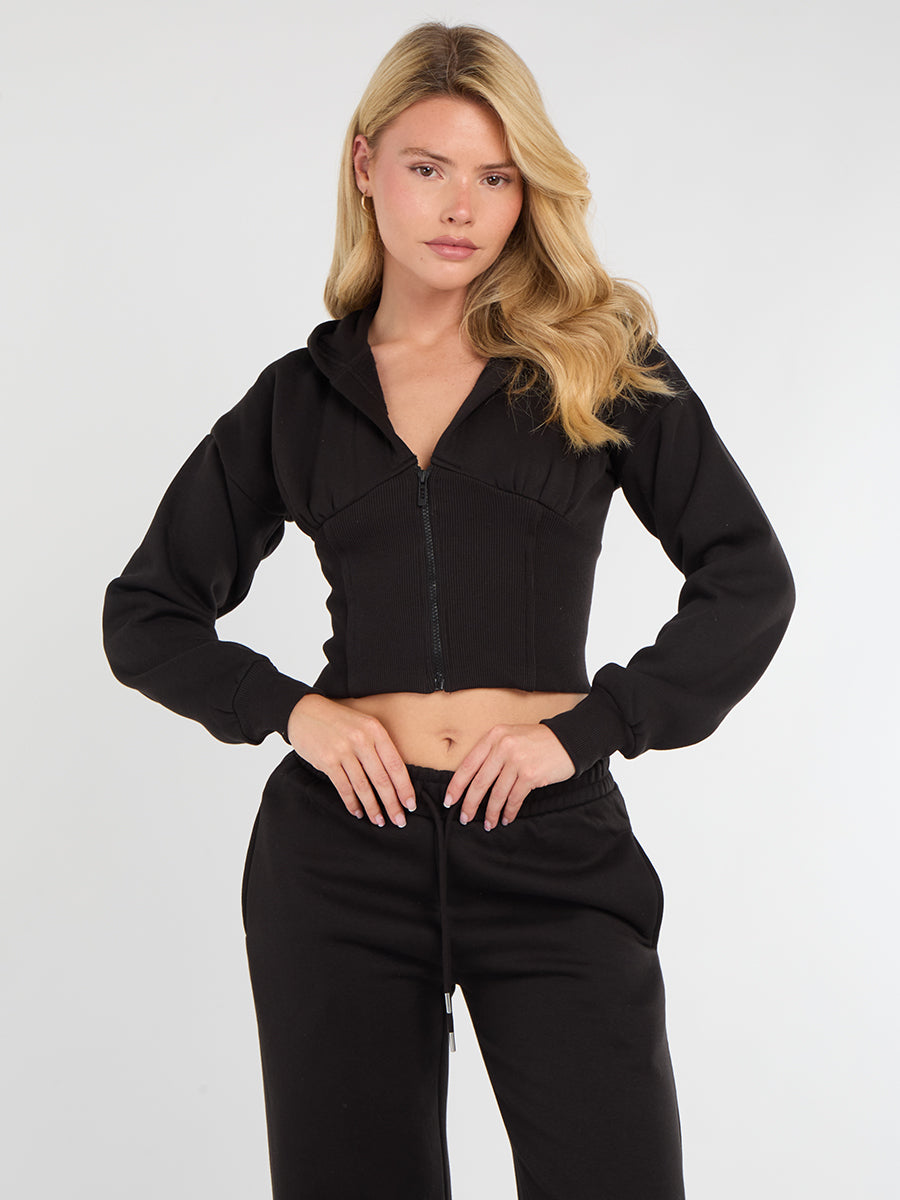 Cropped Zip Up Hood Sweatshirt & Wide Leg Trouser Tracksuit