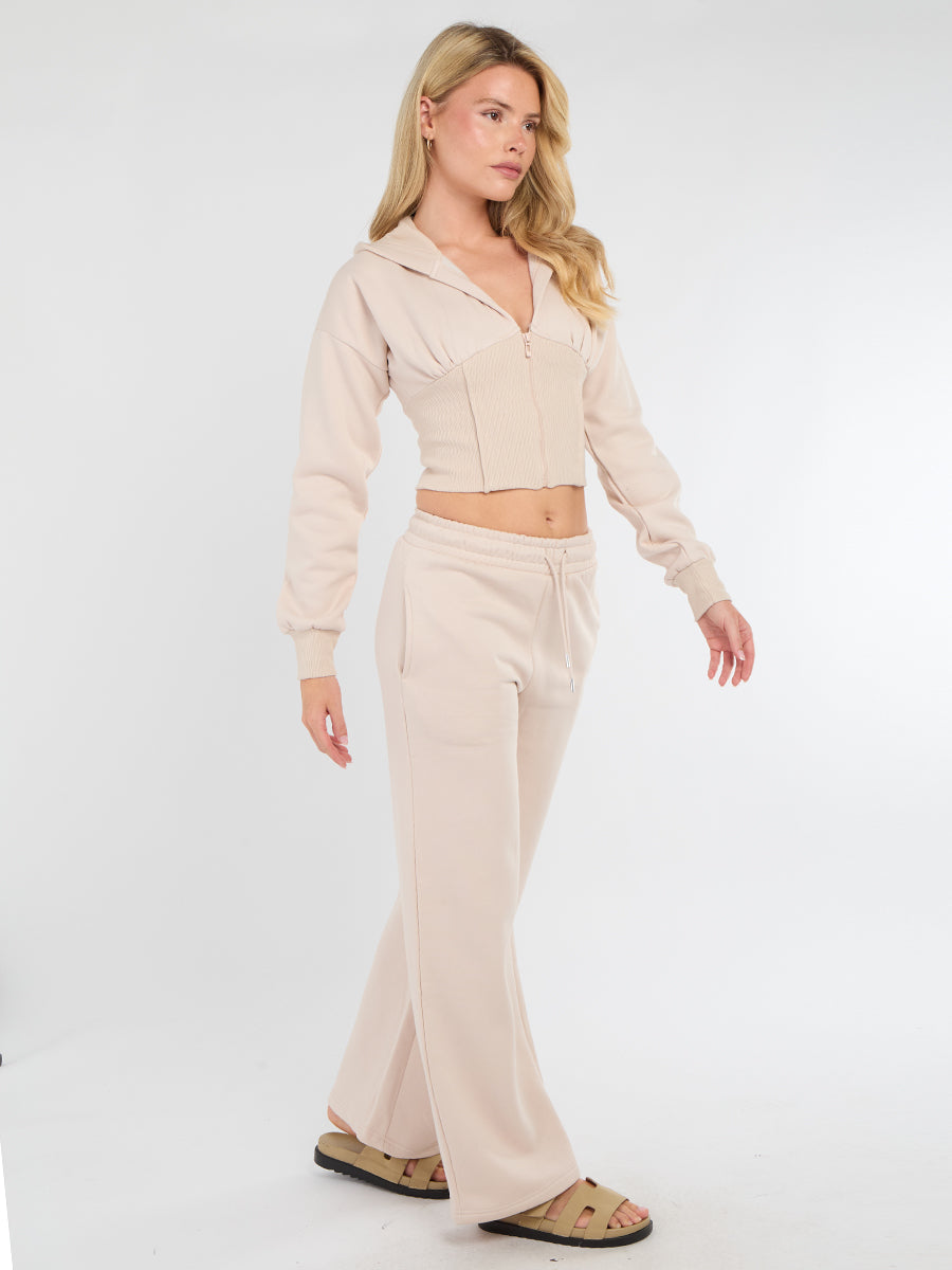 Cropped Zip Up Hood Sweatshirt & Wide Leg Trouser Tracksuit