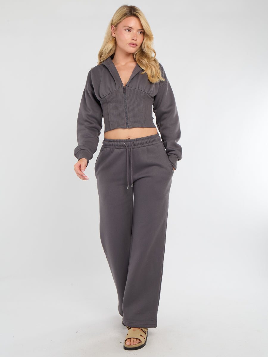 Cropped Zip Up Hood Sweatshirt & Wide Leg Trouser Tracksuit