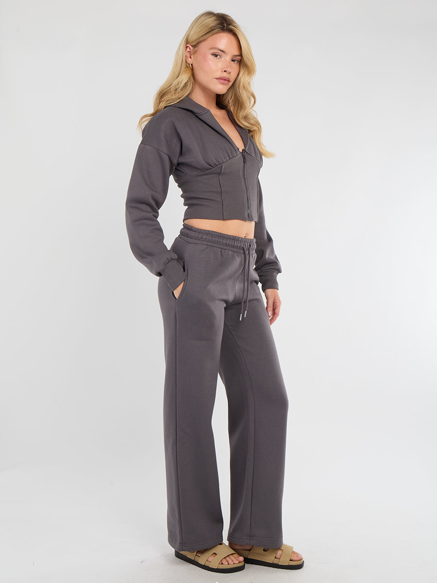 Cropped Zip Up Hood Sweatshirt & Wide Leg Trouser Tracksuit