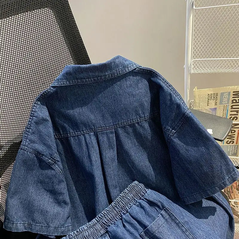 Women’s Denim-Effect Shirt & Shorts Set