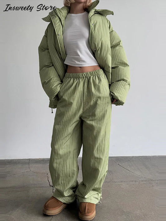 Women’s Chic Striped Hooded Puffer Co-ord Set