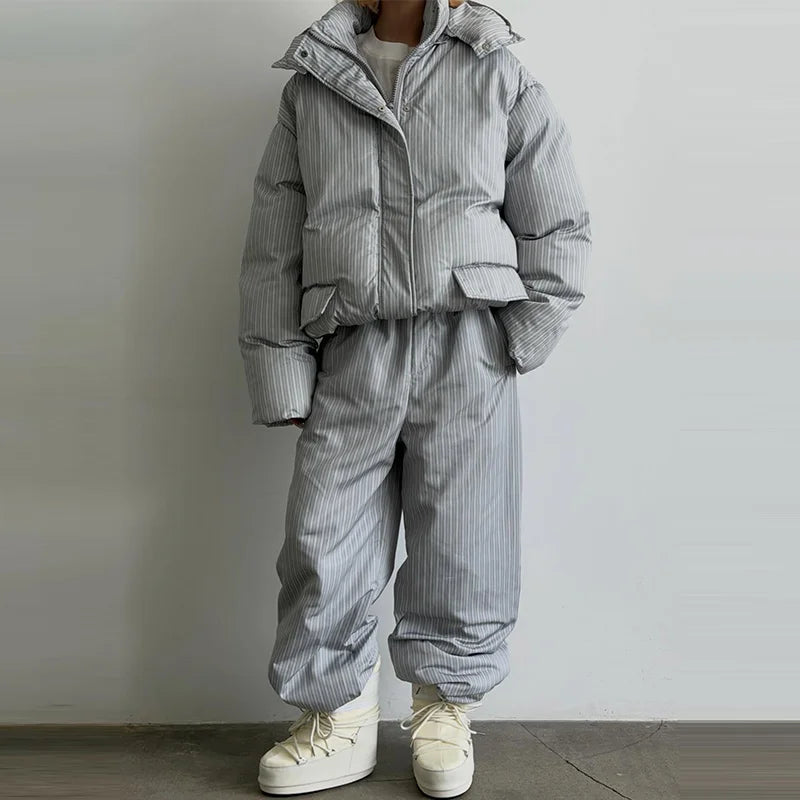 Women’s Chic Striped Hooded Puffer Co-ord Set