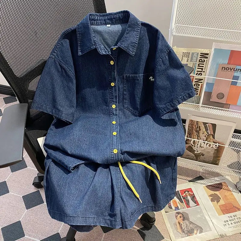 Women’s Denim-Effect Shirt & Shorts Set