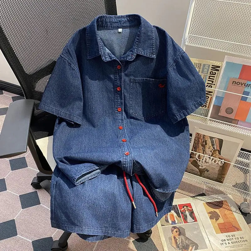 Women’s Denim-Effect Shirt & Shorts Set