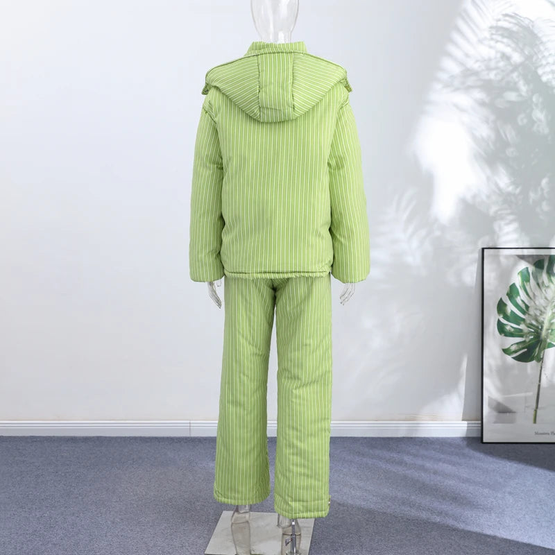 Women’s Chic Striped Hooded Puffer Co-ord Set
