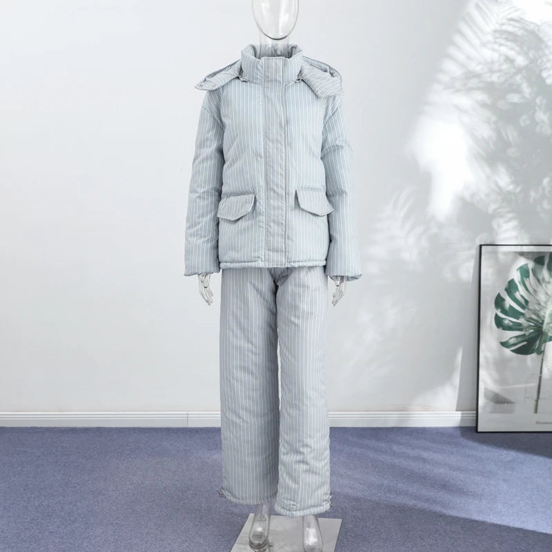 Women’s Chic Striped Hooded Puffer Co-ord Set