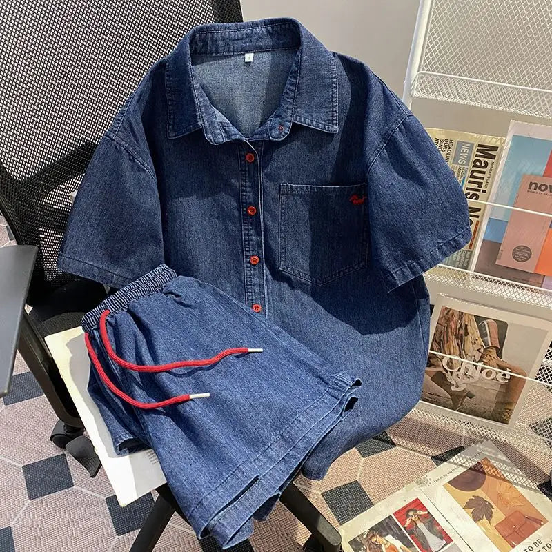 Women’s Denim-Effect Shirt & Shorts Set