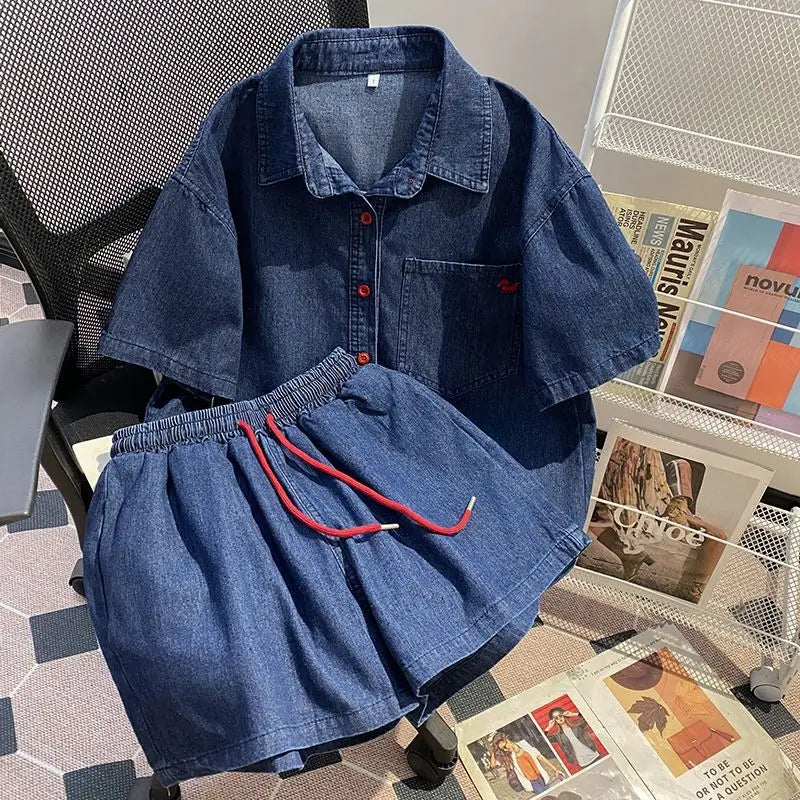 Women’s Denim-Effect Shirt & Shorts Set