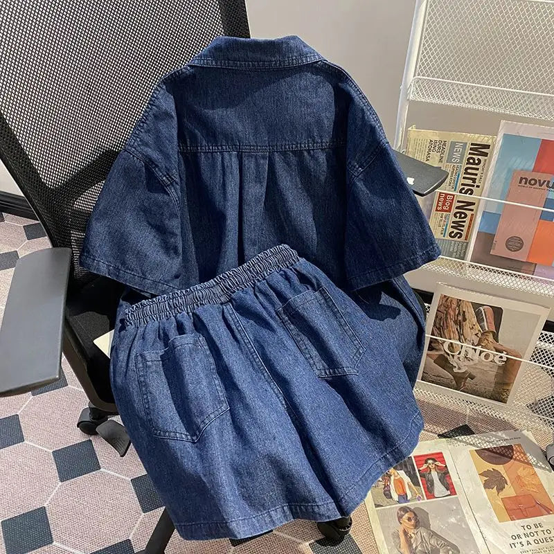 Women’s Denim-Effect Shirt & Shorts Set