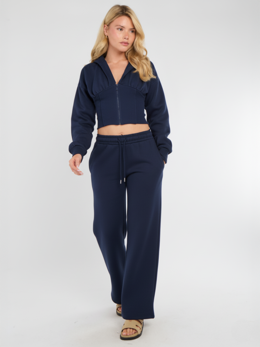Cropped Zip Up Hood Sweatshirt & Wide Leg Trouser Tracksuit