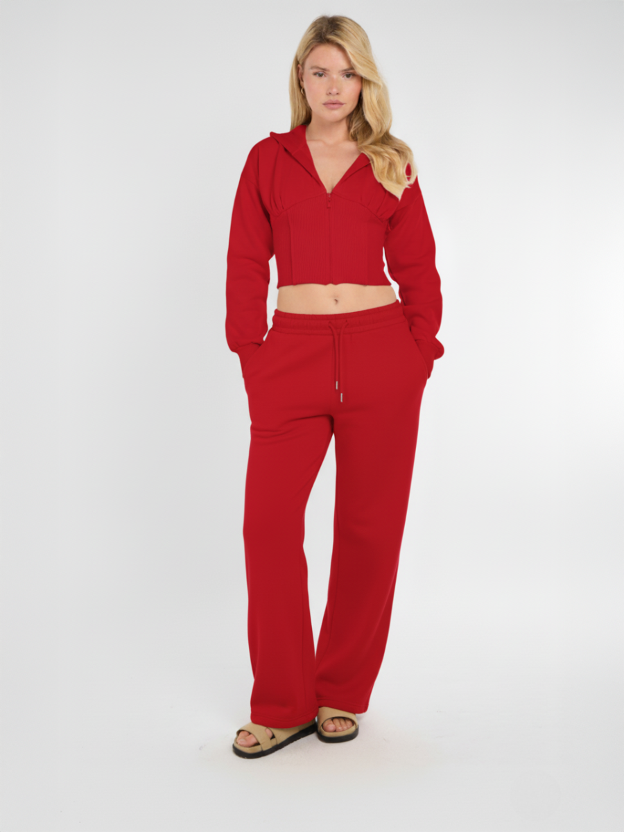Cropped Zip Up Hood Sweatshirt & Wide Leg Trouser Tracksuit