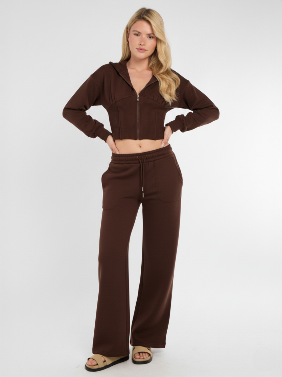 Cropped Zip Up Hood Sweatshirt & Wide Leg Trouser Tracksuit