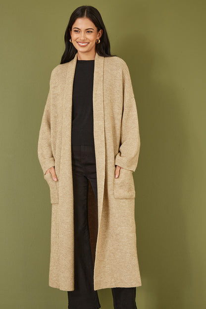 Yumi Oatmeal Knitted Maxi Cardigan With Pockets