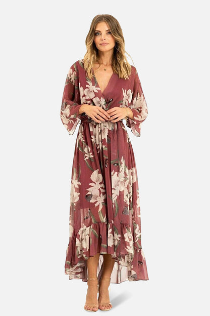 Rose Pink Floral Kimono Sleeves Dip Hem Wrap Midi Dress