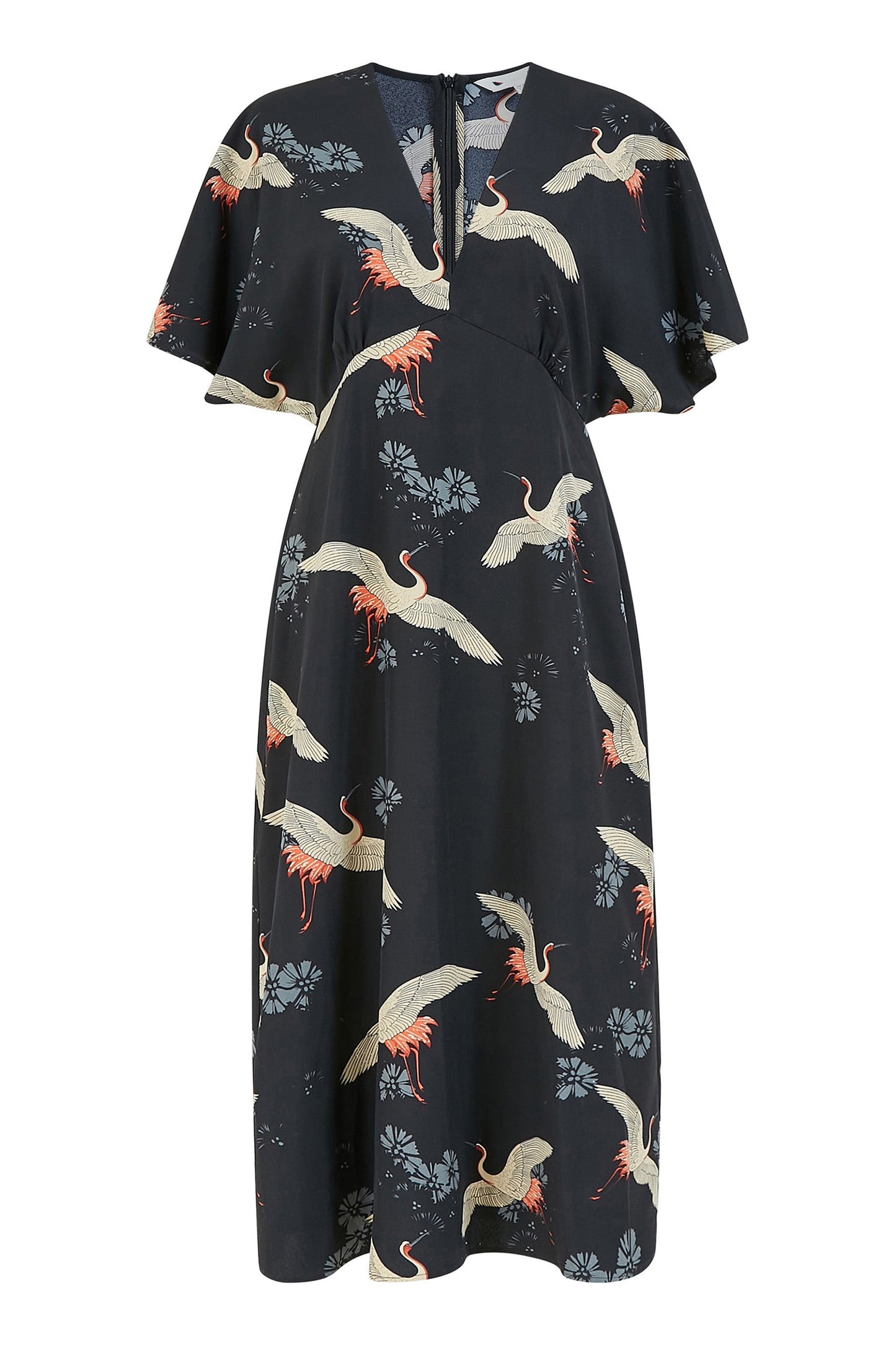 Black Crane Print Kimono Midi Dress