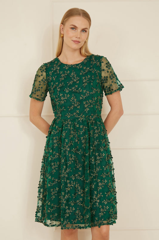 Yumi Green Embroidered Floral Skater Dress