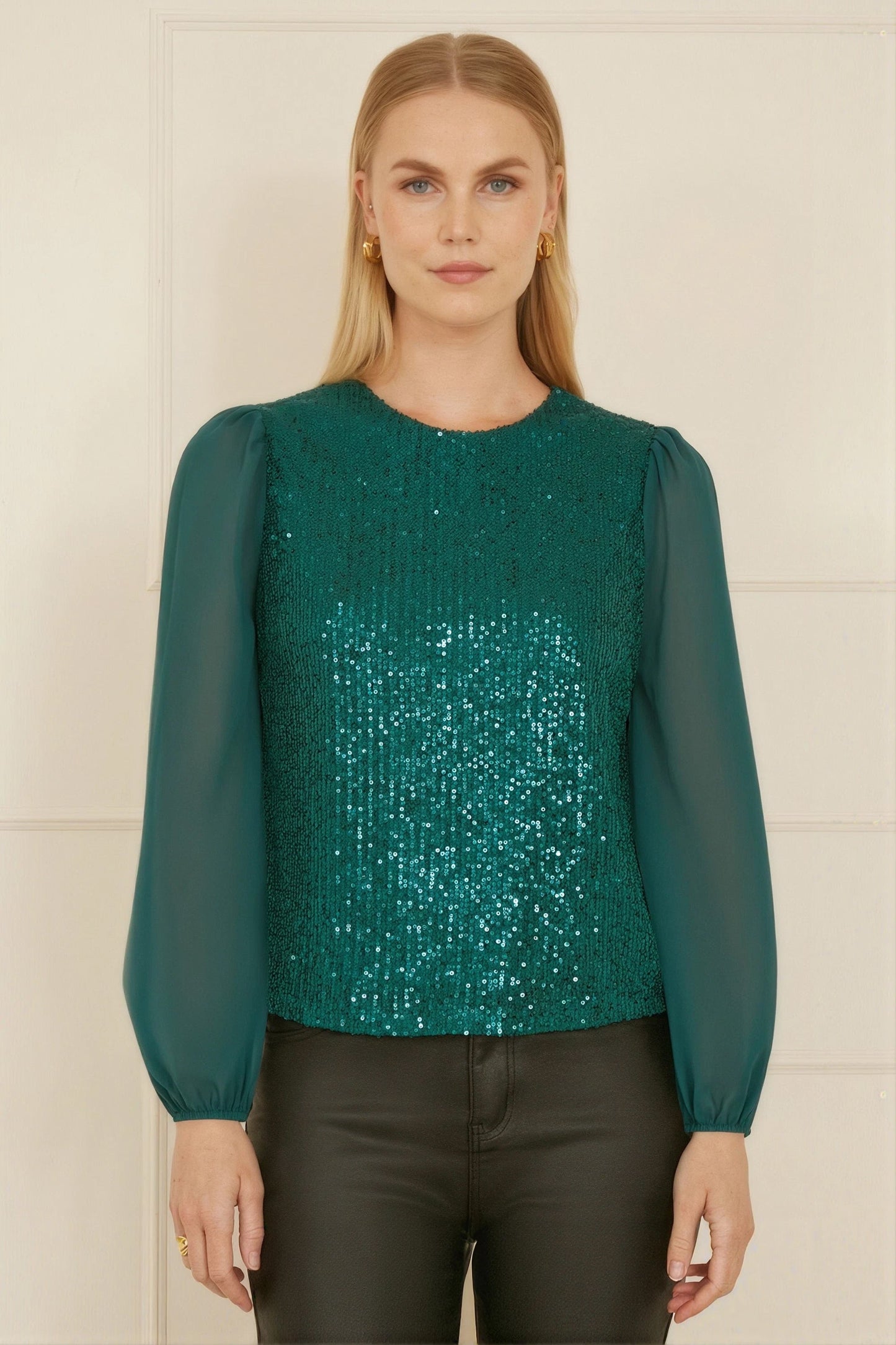 Yumi Green Sequin Top With Sheer Sleeves