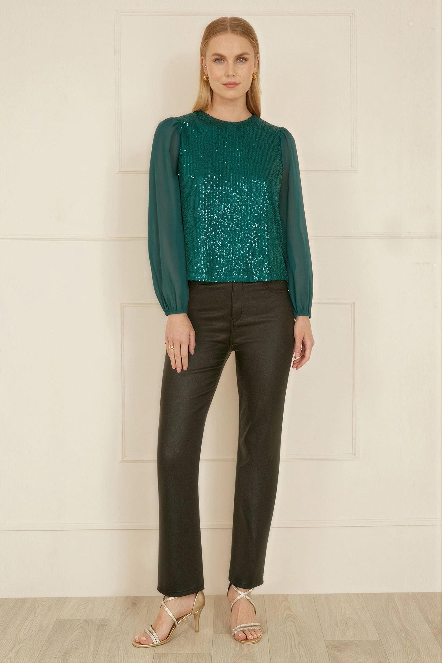Yumi Green Sequin Top With Sheer Sleeves