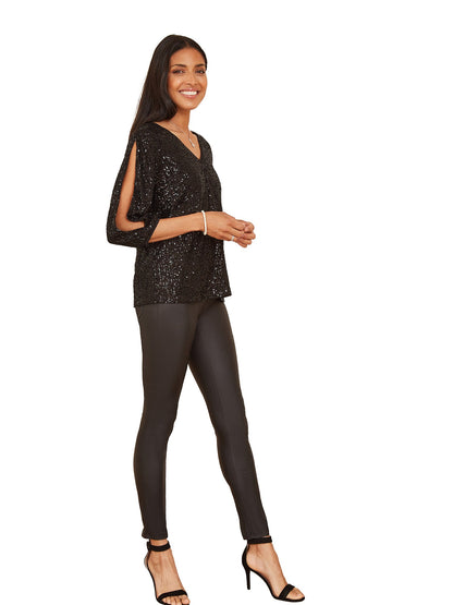 Yumi Black Sequin Sleeve Slit Sleeve Top