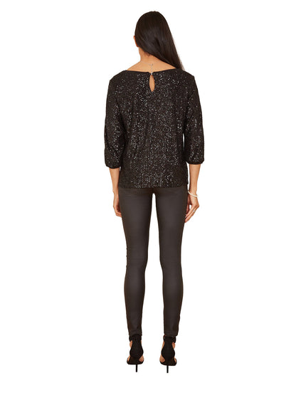 Yumi Black Sequin Sleeve Slit Sleeve Top