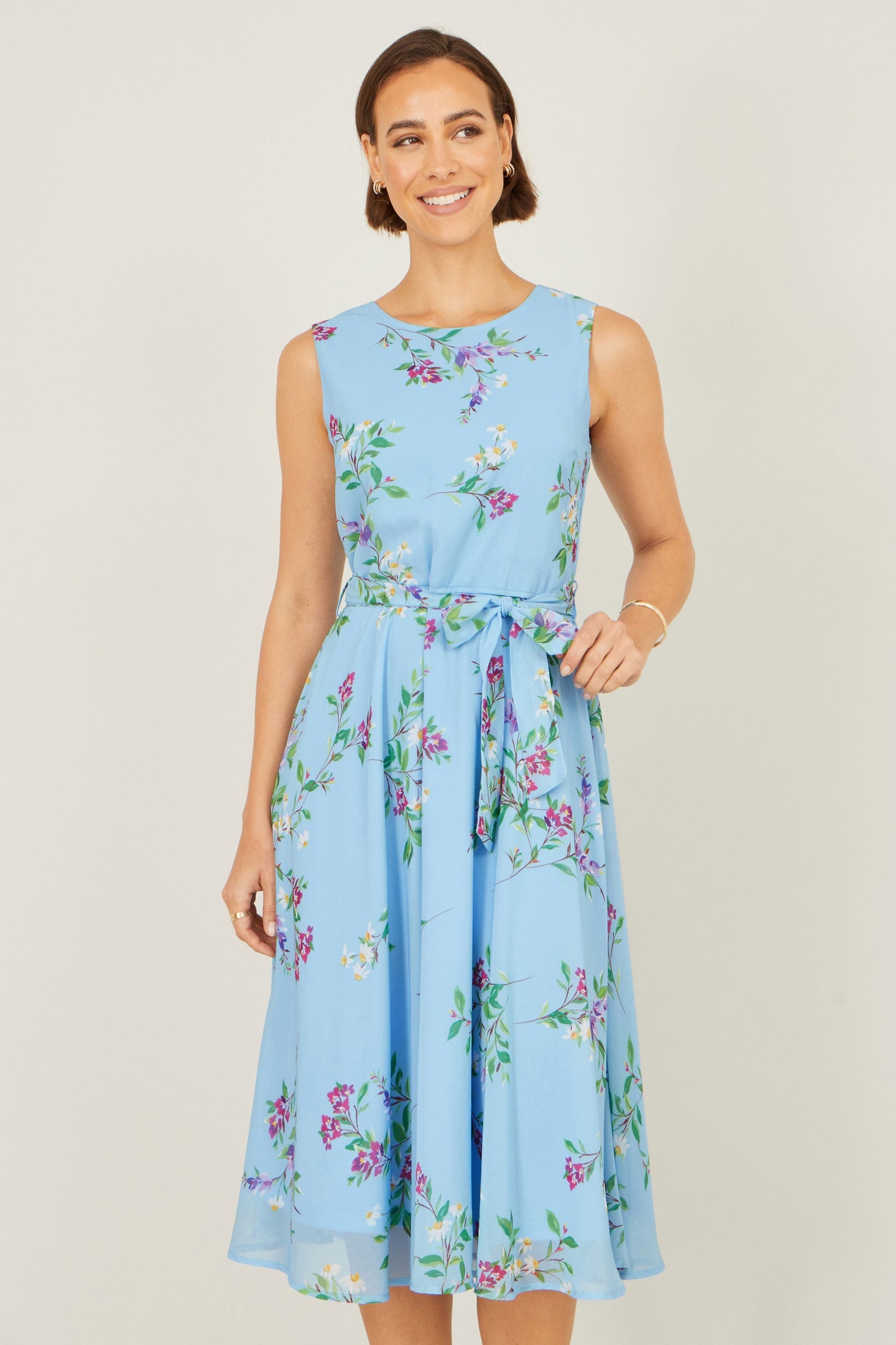 Yumi Blue Floral Print Midi Skater Dress