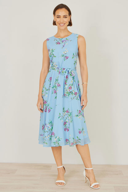 Yumi Blue Floral Print Midi Skater Dress
