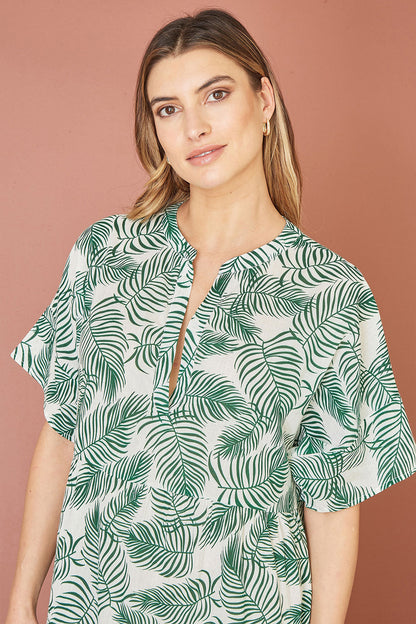 Yumi Green Organic Cotton Palm Print Tiered Tunic Dress