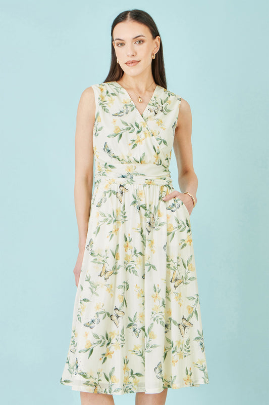 Yumi White Floral Print Mesh Stretch Midi Dress With Pockets