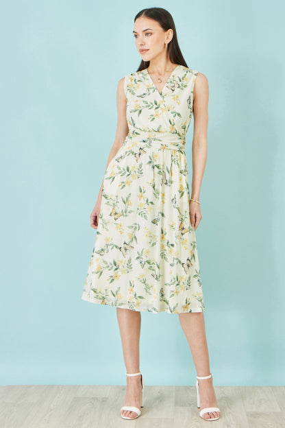 Yumi White Floral Print Mesh Stretch Midi Dress With Pockets