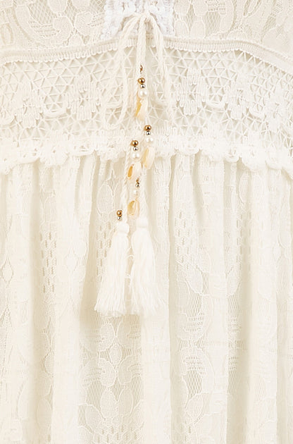 Yumi White Lace Midi Sundress With Tassel Tie and Ruched Back