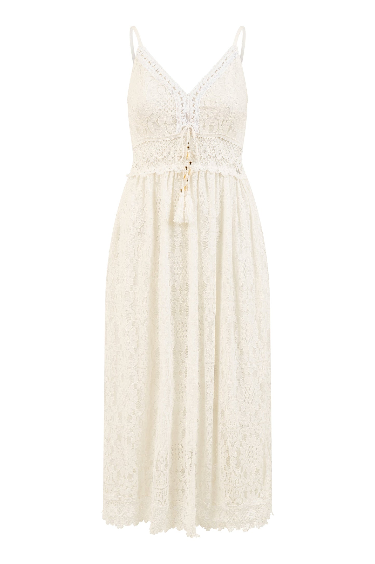 Yumi White Lace Midi Sundress With Tassel Tie and Ruched Back