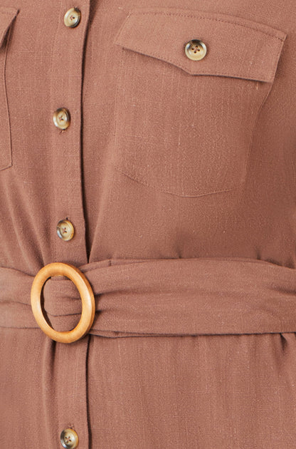 Yumi Brown Viscose Linen Look Midi Shirt Dress With Wooden Belt