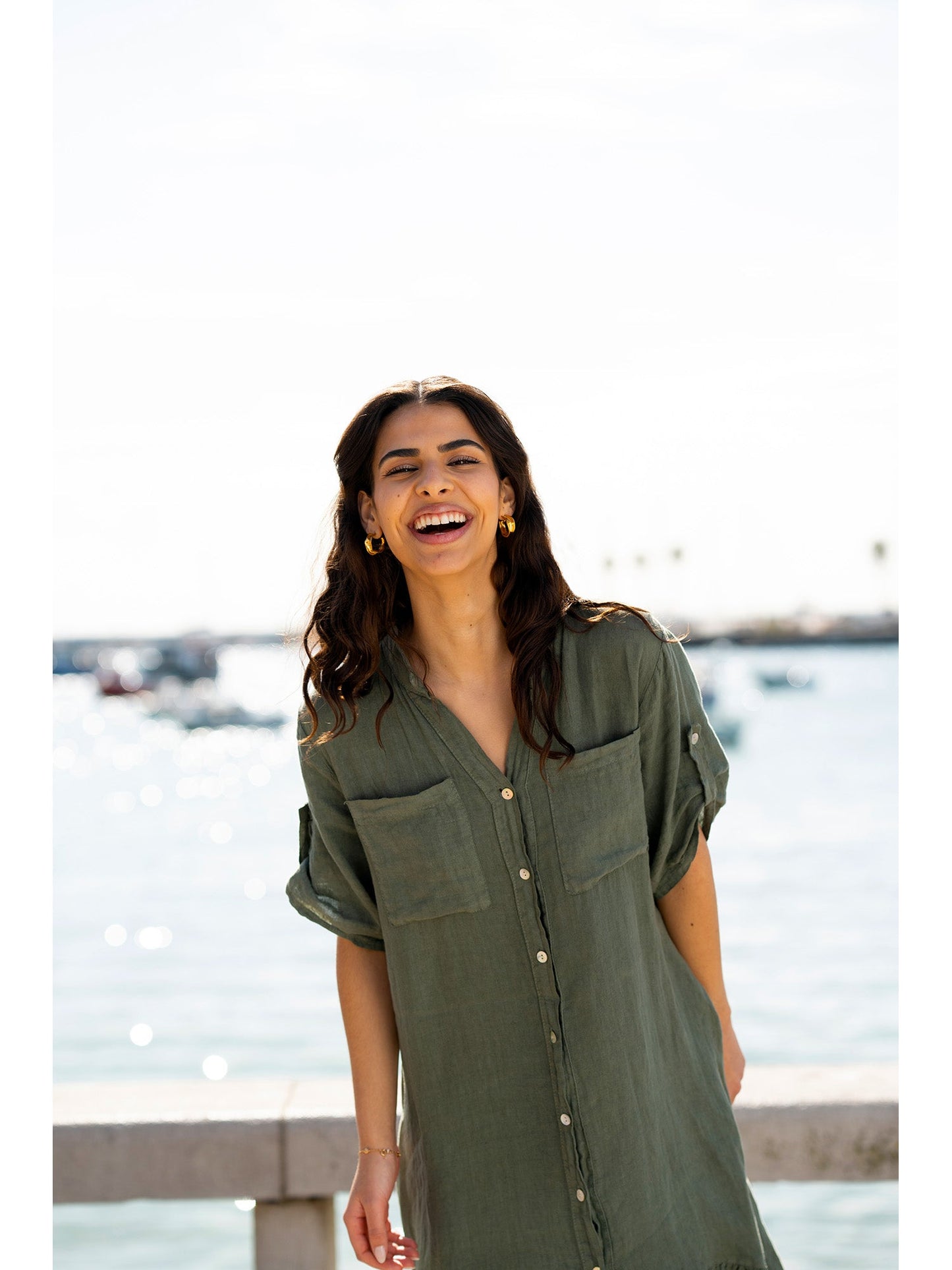 Yumi Khaki Italian Linen Shirt Dress With Frill Hem