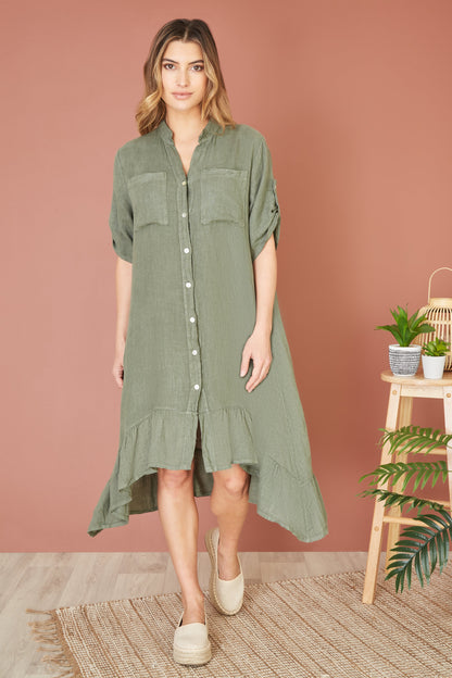 Yumi Khaki Italian Linen Shirt Dress With Frill Hem