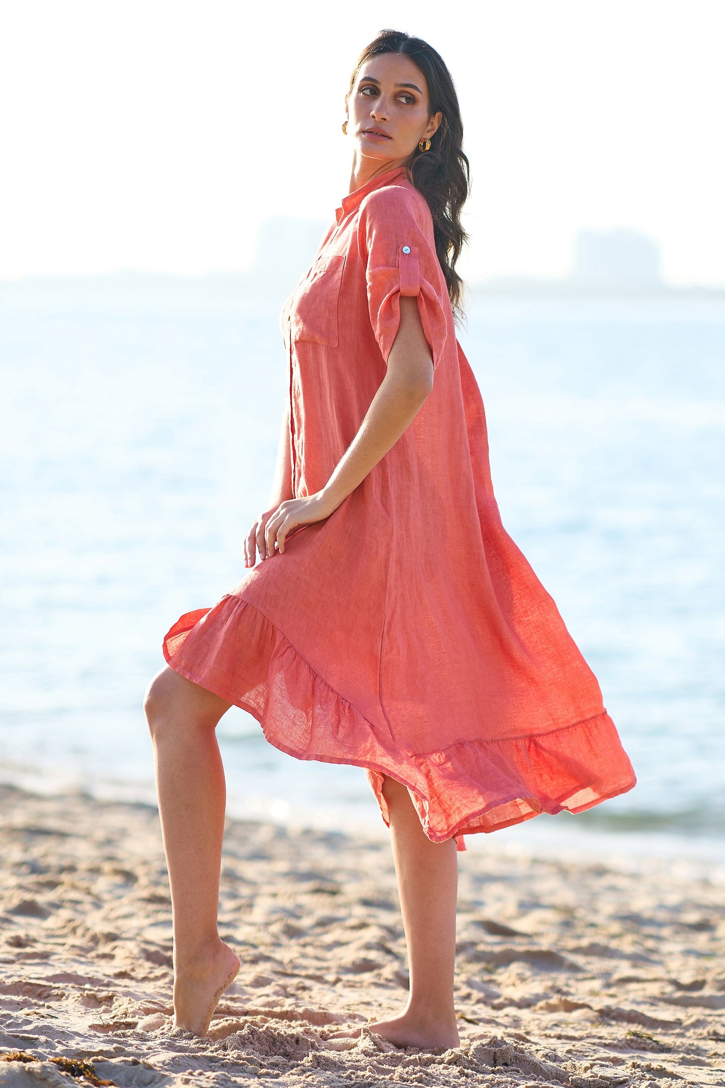 Yumi Coral Italian Linen Shirt Dress With Frill Hem