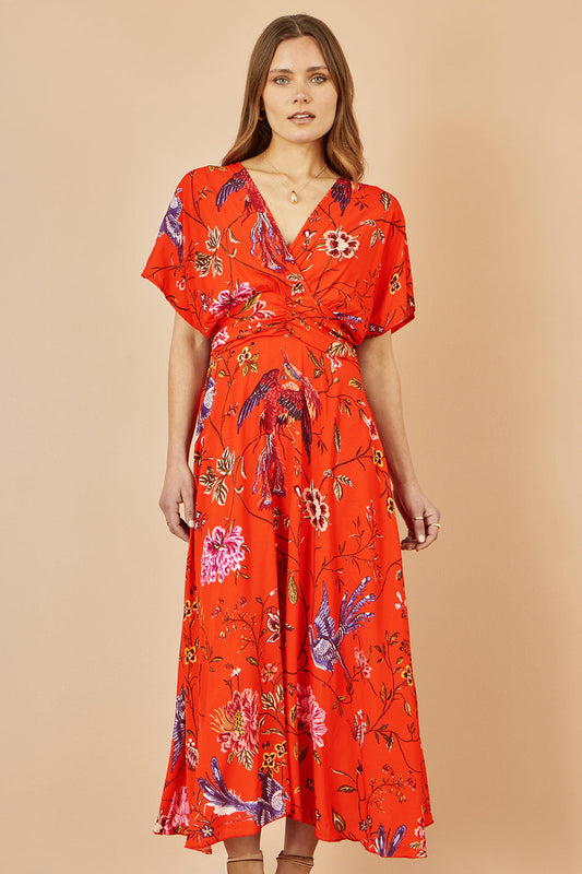 Yumi Orange Viscose Bird and Floral Print Kimono Midi Dress