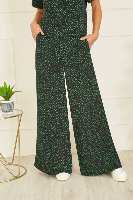 Yumi Black Ditsy Floral Print Relaxed Wide Leg Trousers