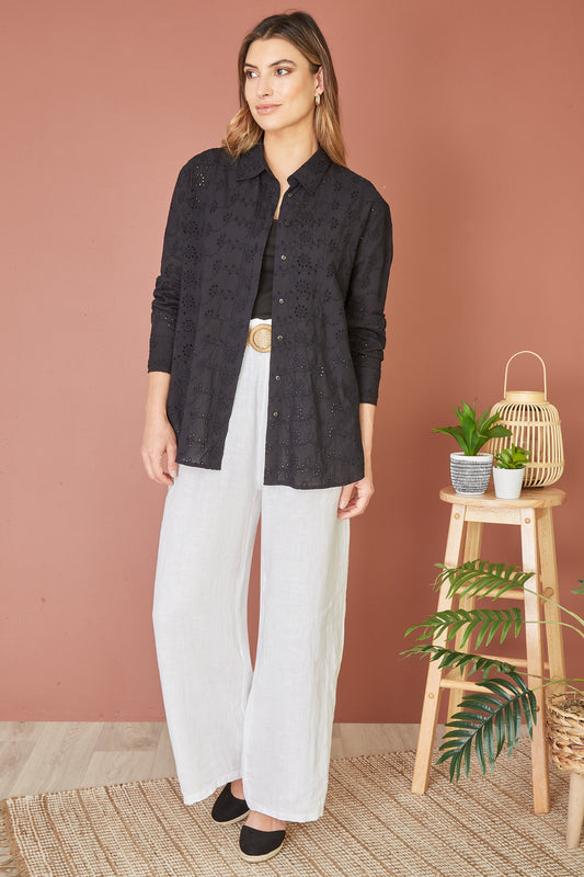 Yumi Black Cotton Broderie Anglaise Relaxed Shirt
