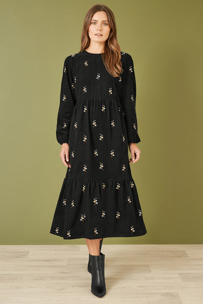 Yumi Black Long Sleeve Midi Dress With Floral Embroidery