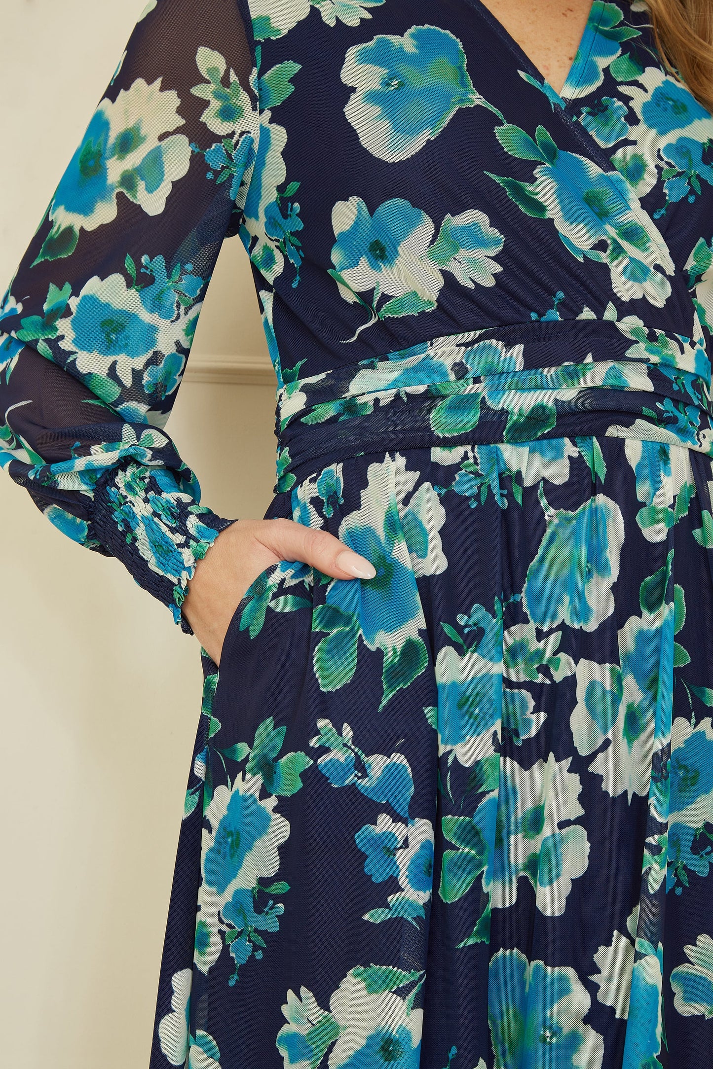 Yumi Blue Floral Mesh Wrap Dress With Long Sleeves