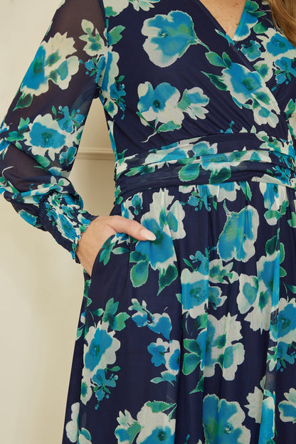 Yumi Blue Floral Mesh Wrap Dress With Long Sleeves